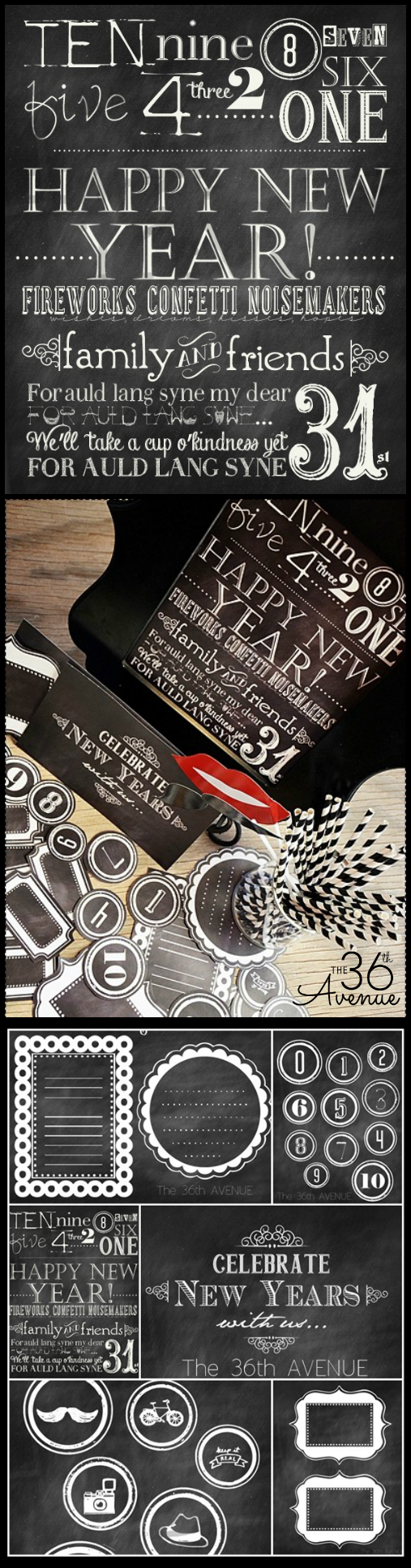 New Years - Get these Free Chalkboard Printables at the36thavenue.com. Everything you need to get your New Years Party ready.