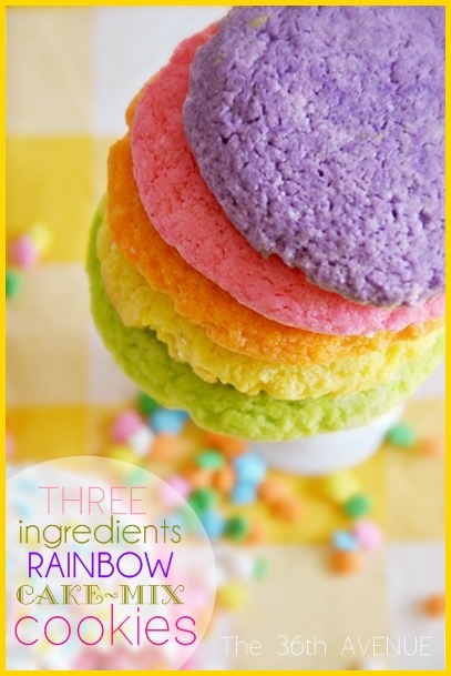 Rainbow Cookies { just three ingredients } made with Cake Mix. Kids LOVE them! the36thavenue.com
