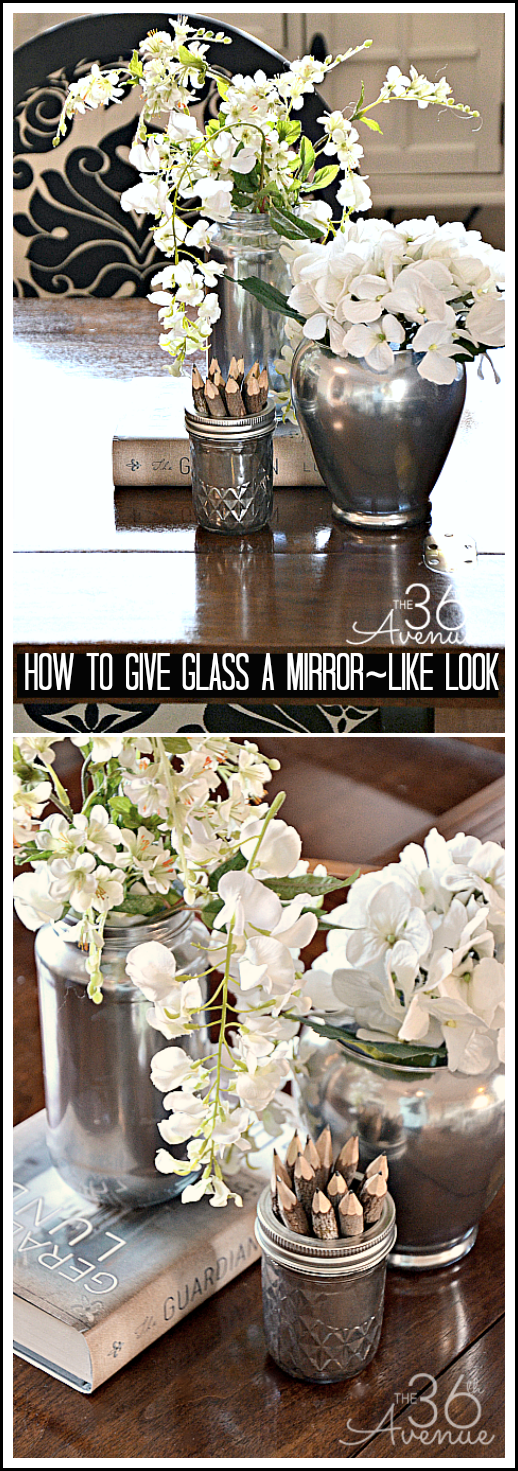 Can you believe this is a spaghetti sauce jar and a dollar store vase? Give glass a mirror-like look in five minutes! Love this! #diy #home #crafts