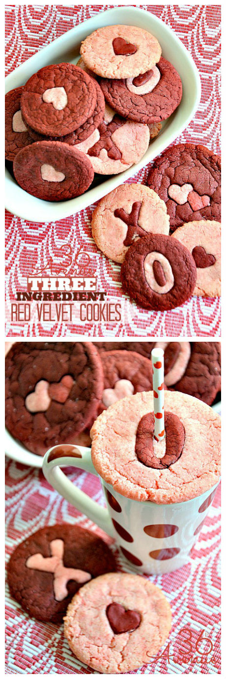 Three Ingredient Pink and Red Velvet Cookie Recipe at the36thavenue.com …These are adorable and perfect for Valentine's Day! #valentines #recipe