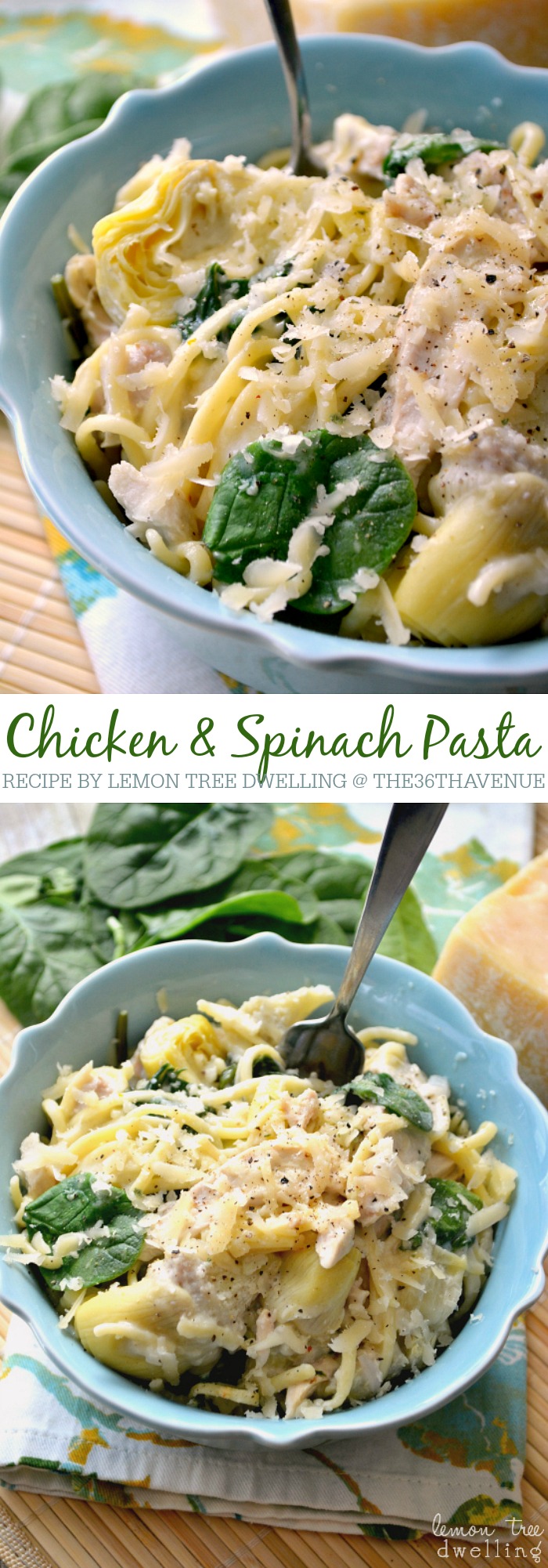 Pasta Recipe - Delicious Chicken Spinach and Artichoke Pasta. It has all the flavors of the spinach artichoke dip you love but without all the heavy cream!