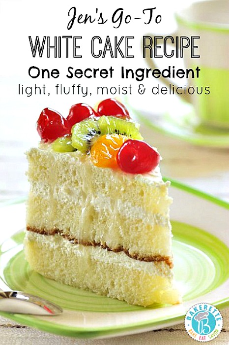 One secret ingredient takes this white cake recipe to a whole new level. Light, moist, fluffy, and delicious! Bakerette.com