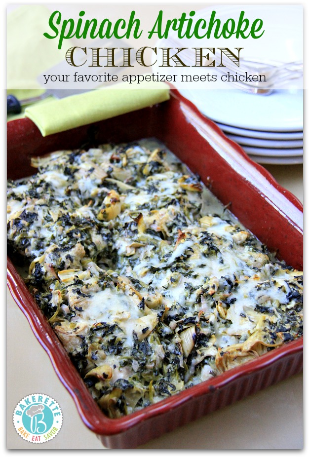 Spinach artichoke dip meets chicken in this absolutely flavorful, bubbly, and golden delicious meal. Bakerette.com