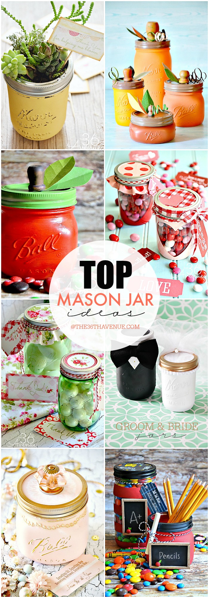 Top Mason Jar Craft Ideas. DIY handmade gifts in a jar, party ideas, organization, home decor, holiday gifts, recipes in a jar, teacher appreciation gifts, this post have it all. 