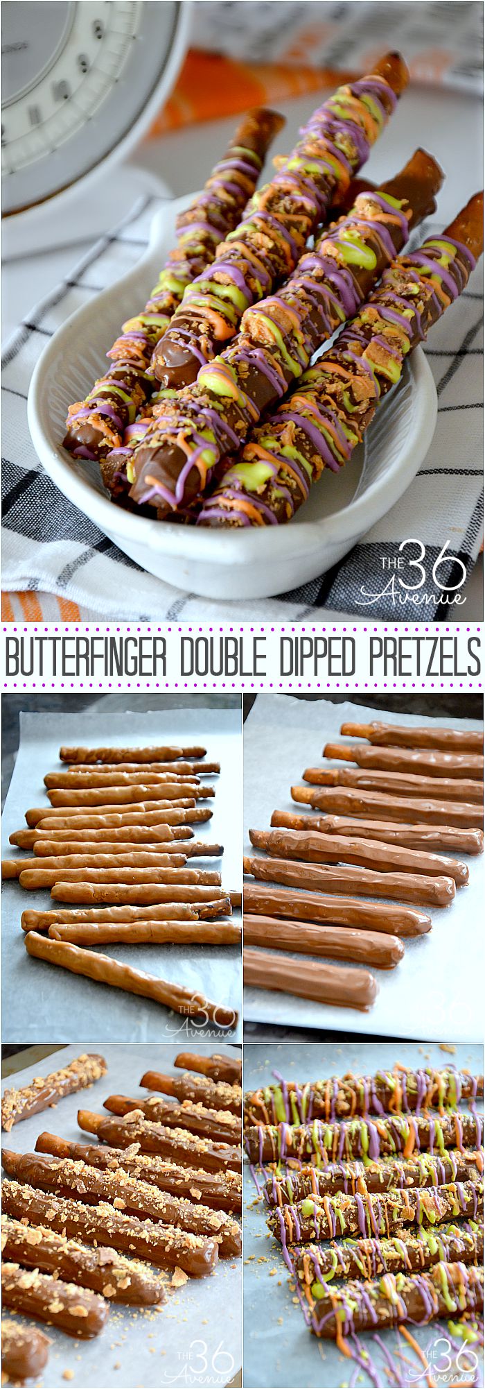 Recipes - Double Dipped Butterfinger Pretzels at the36thavenue.com Treats, dessert, easy recipe. 