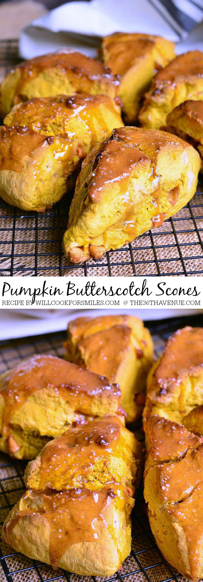 Recipes - Scrumptious warm pumpkin scones made with butterscotch chips inside and topped with gooey caramel and salt.