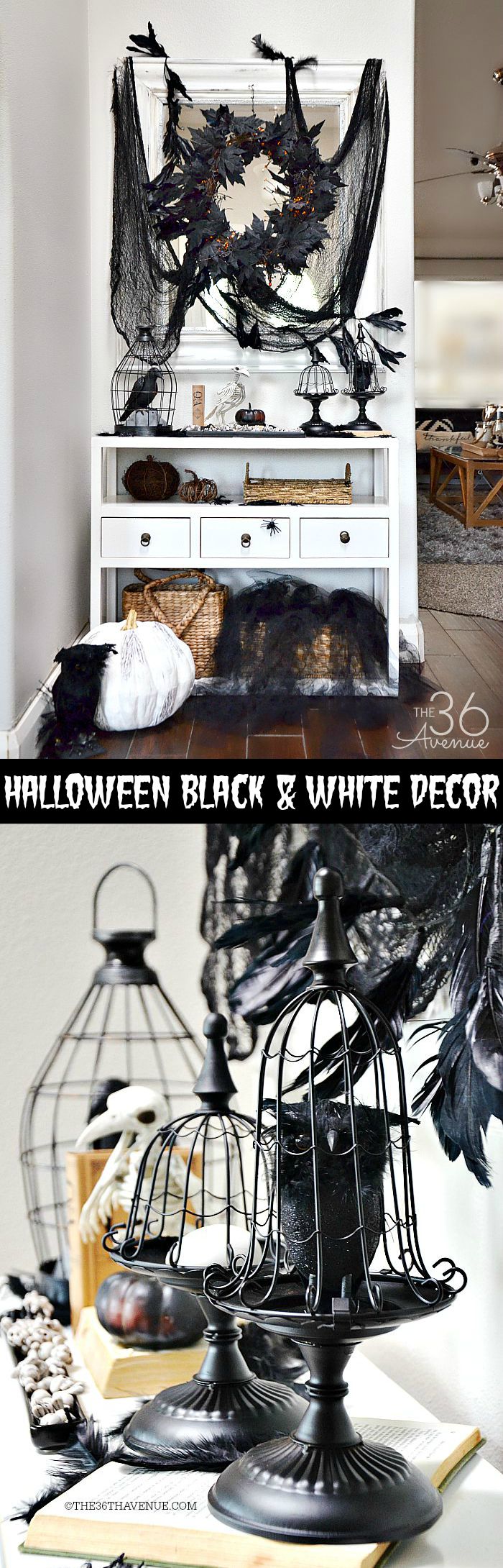 Halloween Decor - Black and White Entryway Halloween Decor. See it all : https://www.the36thavenue.com/?p=26289