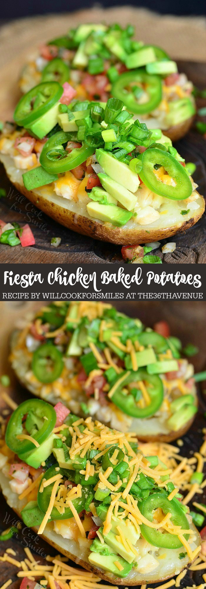 Baked potatoes stuffed with chicken, cheese, pico de gallo, avocado and jalapeños. These Twice Baked Potatoes are delicious and perfect for any day of the week.