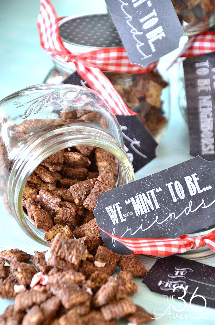 Handmade Gift Ideas - Gifts in a jar are adorable! Check out this Chocolate Mint Chex Mix Recipe and Printable. This handmade gift is perfect for Christmas gifts, Neighbor Gifts, or any other special occasion. PIN IT NOW and make it later!