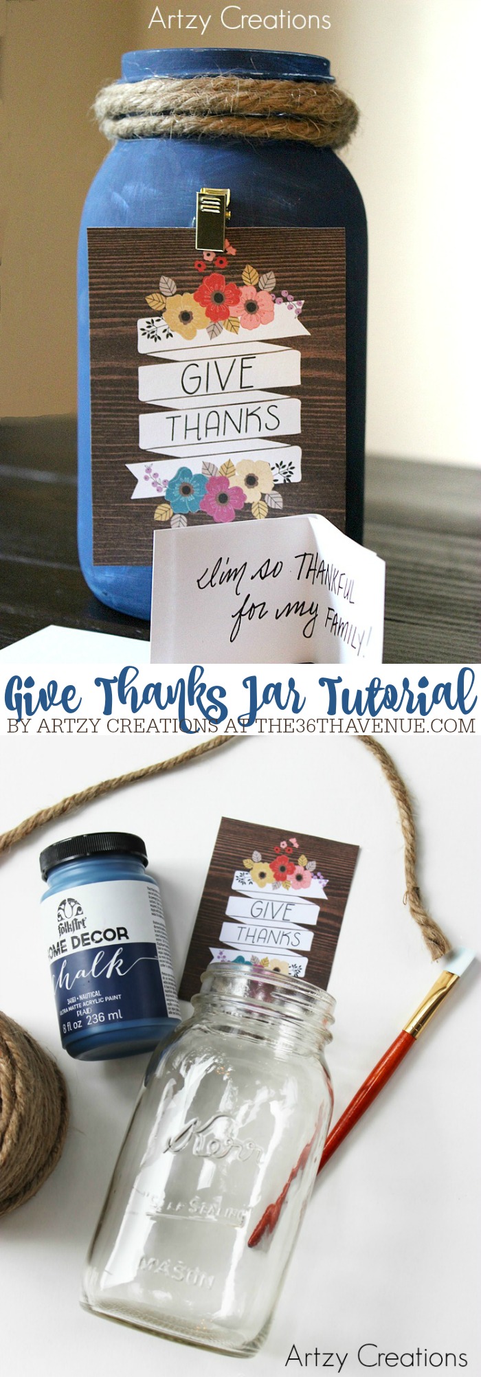 Thanksgiving Craft - Make this GIVE THANKS JAR to start a new Thanksgiving tradition! You can have all of your family and friends write down on a little piece of paper a couple of things they are thankful for this Thanksgiving. After Thanksgiving Dinner pass around the jar and take turns reading everyone's thankful thoughts! TUTORIAL HERE: https://www.the36thavenue.com/give-thanks-jar-tutorial/