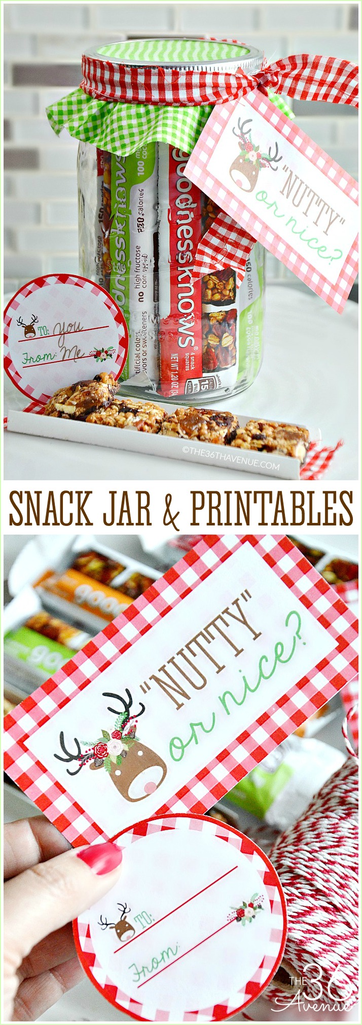 Handmade Gift Idea and adorable Free Gift Tag Printables. This Snack Jar is perfect for teachers, coworkers, and neighbor gifts. Edible gifts are the best and simply delicious! 