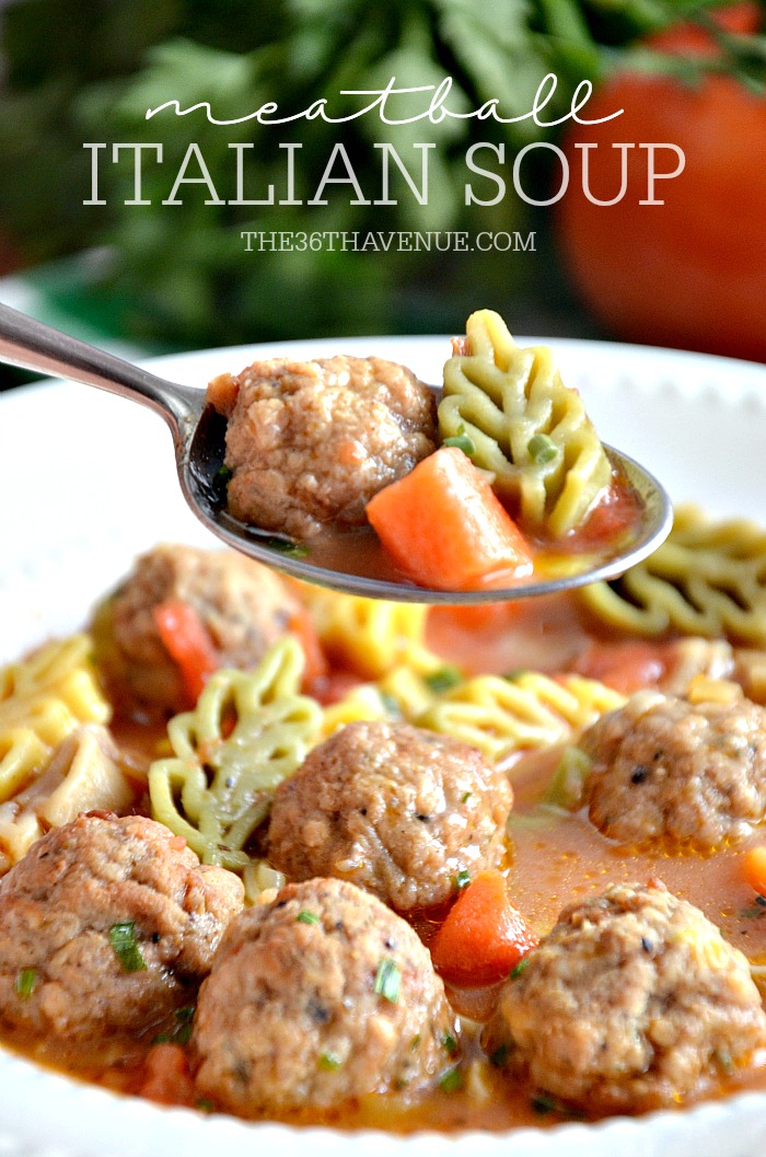 Meatball Italian Soup Recipe - This delicious One Pot Soup is super easy to make and ready in 30 minutes or less! I love easy recipes! PIN IT NOW and make it later! 