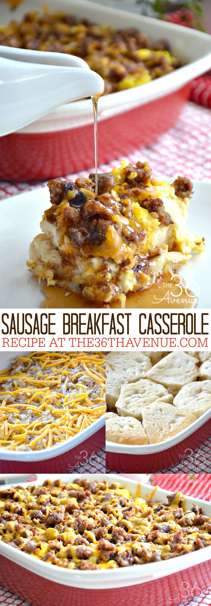 Casserole Recipe - This Sausage Breakfast Casserole is packed with all the comforting flavors you love to have in a breakfast recipe. Each bite has hash-browns, scrambled eggs, cheese, flaky layers of biscuits, and breakfast sausage. So good! PIN IT NOW and make it later!