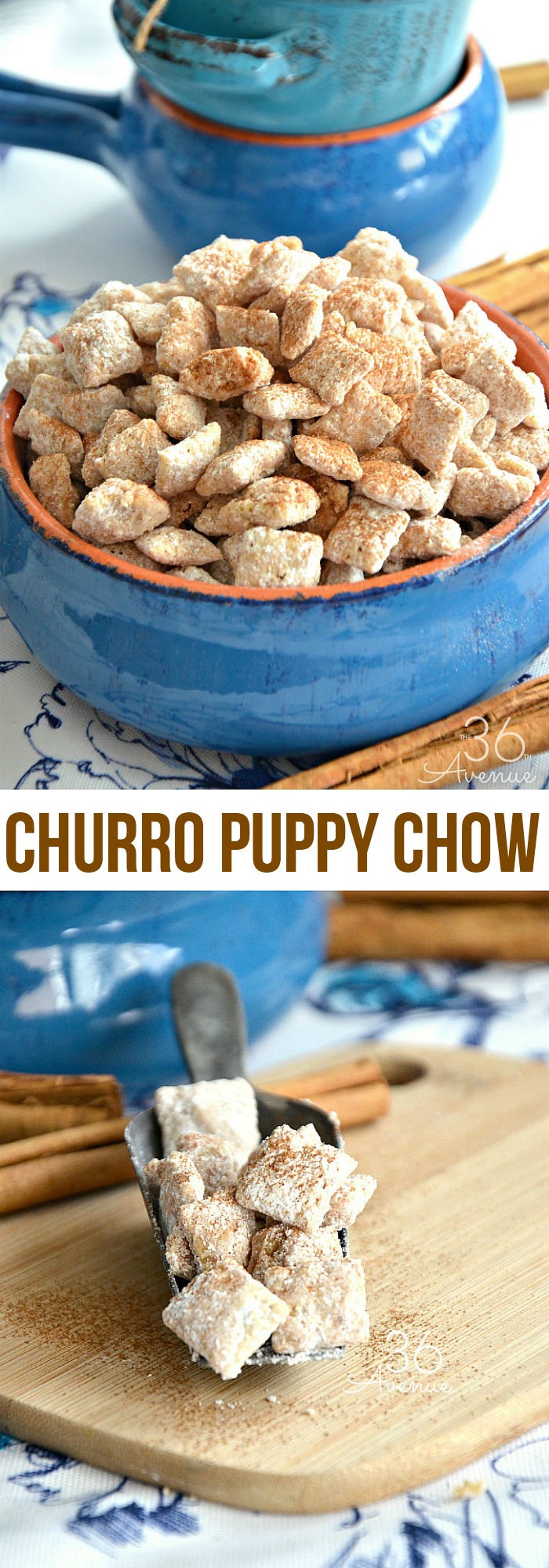 Churro Puppy Chow Recipe - Easy snack or dessert inspired by the delicious taste of sugar and cinnamon dipped churros.