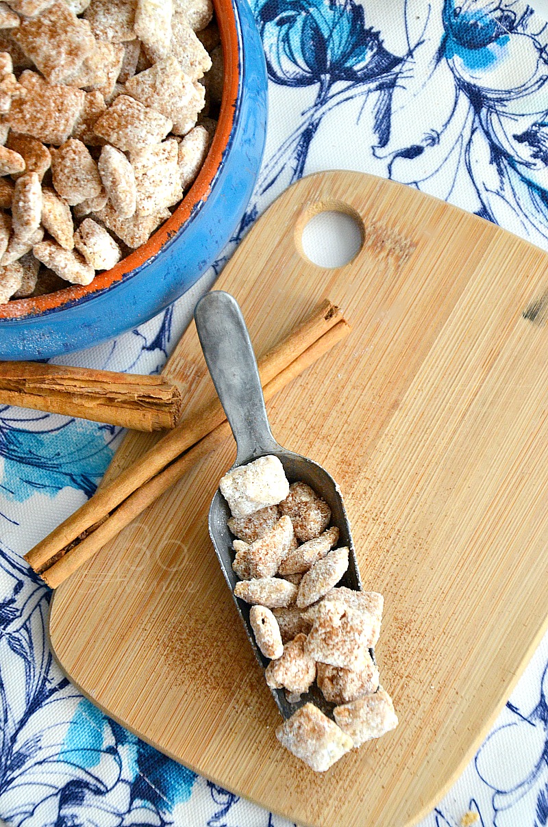 Churro Puppy Chow Recipe - Easy snack or dessert inspired by the delicious taste of sugar and cinnamon dipped churros.