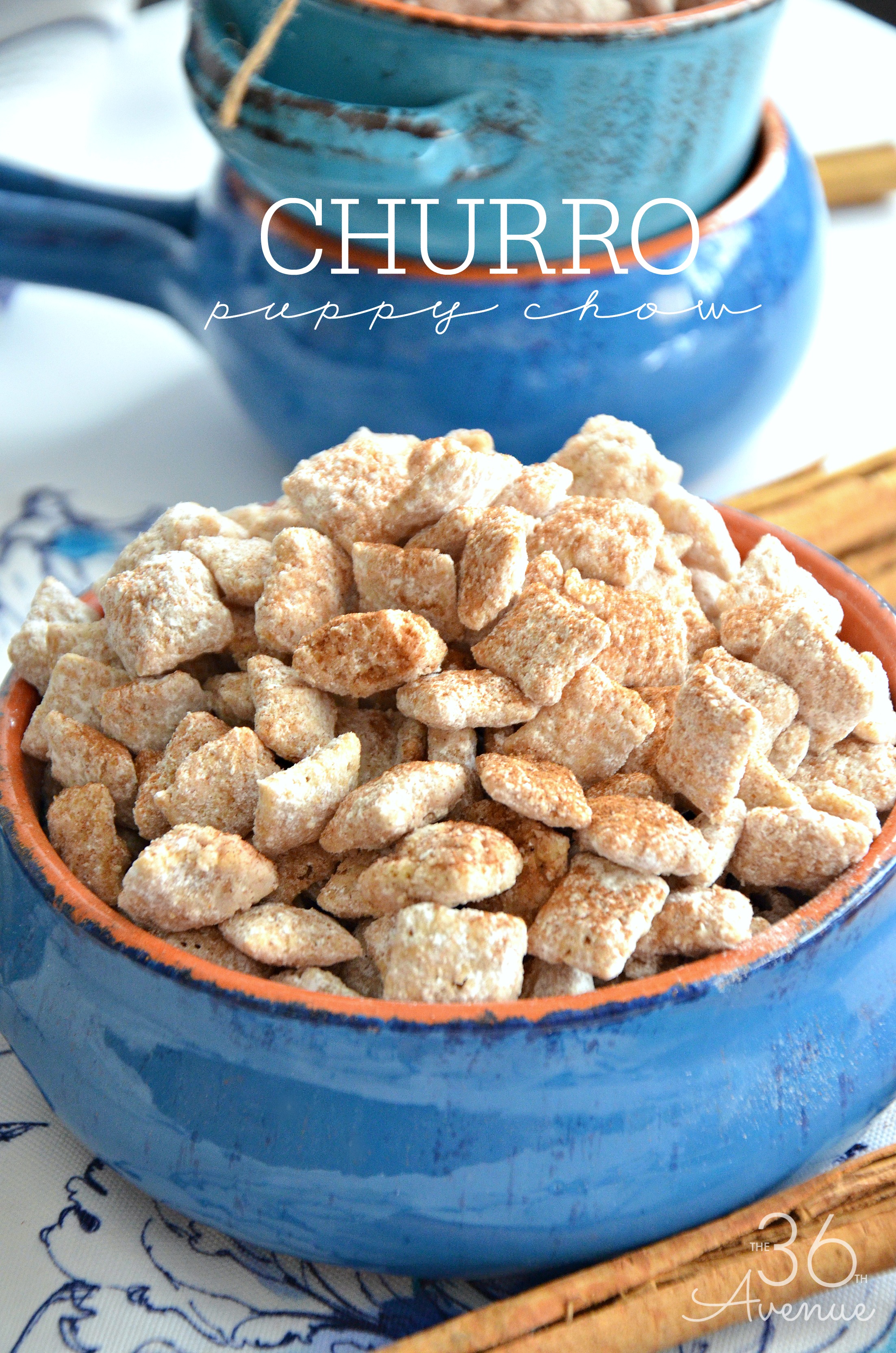 Churro Puppy Chow Recipe - Easy snack inspired by the delicious taste of sugar and cinnamon dipped churros.